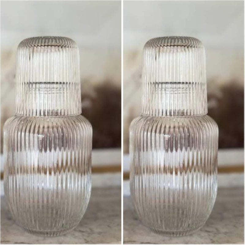 إبريق ماء زجاجي كريستالي مع كوب، زجاجة كريستال فاخرة مستوردة سعة 600 مل مع كوب سعة 160 مل، طقم تقديم مياه أنيق بجانب السرير وعلى الطاولة للمنزل والمكتب (شفاف (عبوتان))